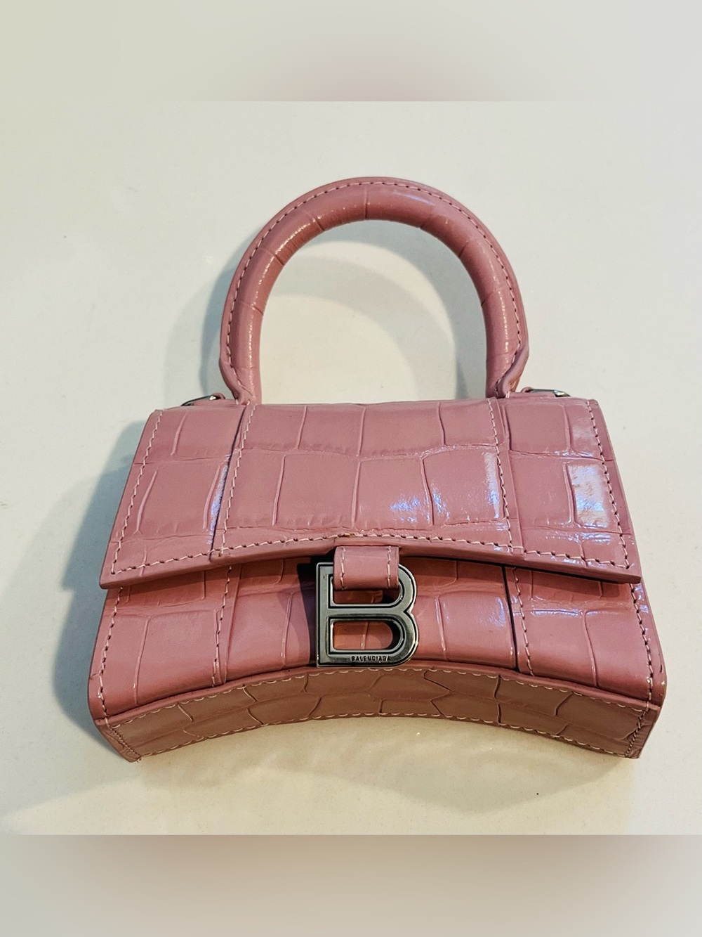 BALENCIAGA Hourglass Mini 664676 Powder Pink Croc Leather Handbag Purse